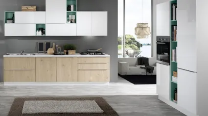 Cucina Moderna Mia 01 in melaminico Rovere Naturale e polimerico Bianco Lucido di Net Cucine