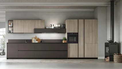 Cucina Moderna lineare Metropolis v08 in Fenix Cacao e Larice Sabbia di Stosa