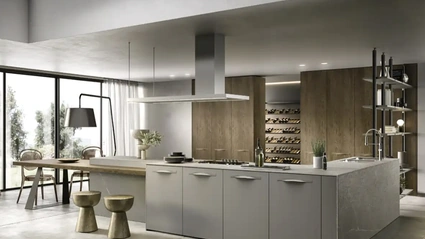 Cucina Moderna con isola Moon 01 in laccato pietra e rovere yuta di Moretti Cucine