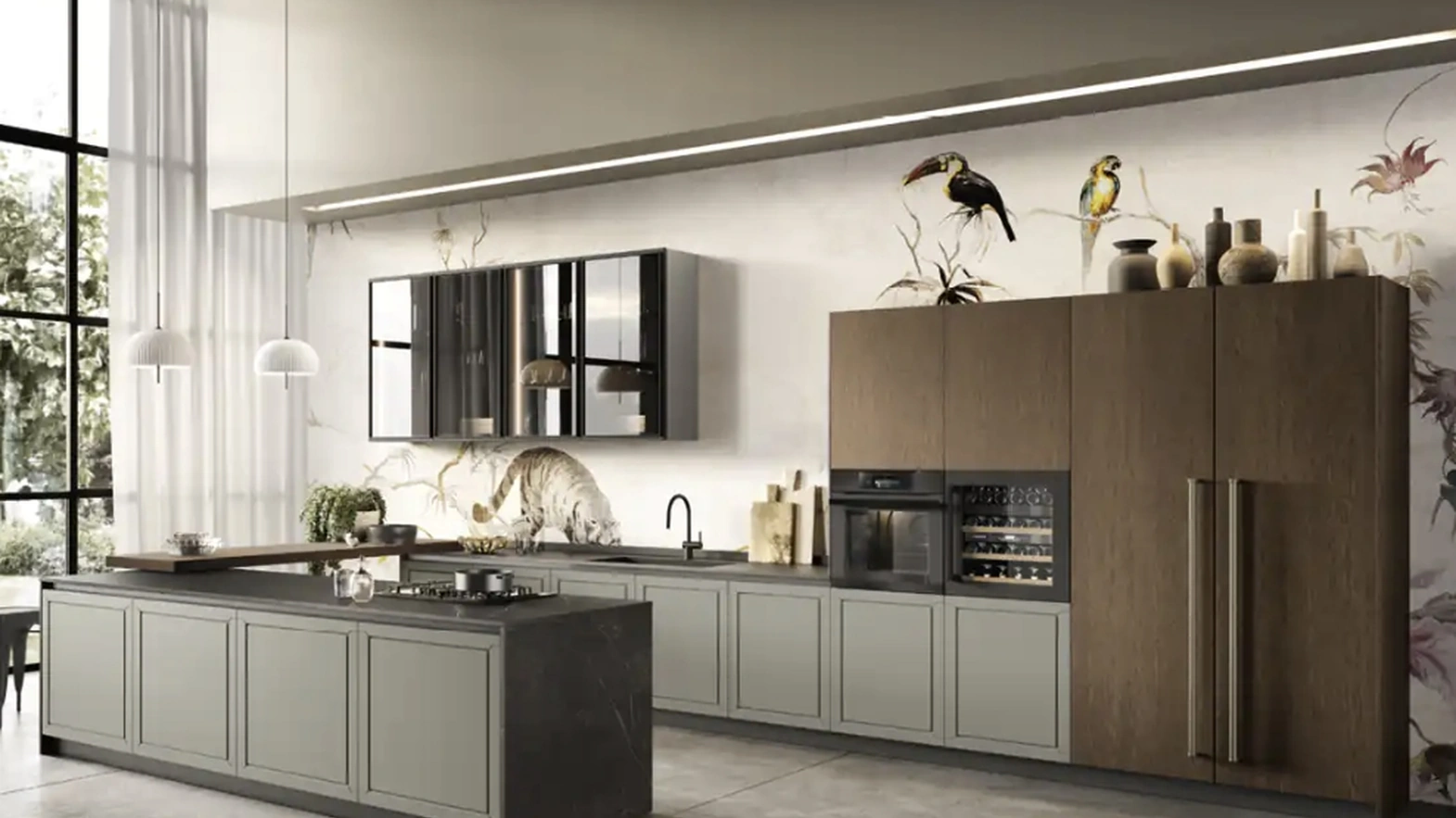 Cucina Moderna con penisola Myriad 01 in laccato e rovere moka di Moretti Cucine