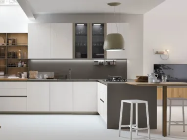 Cucina Moderna con penisola Natural v12 in Rovere Bianco e Rovere Miele di Stosa