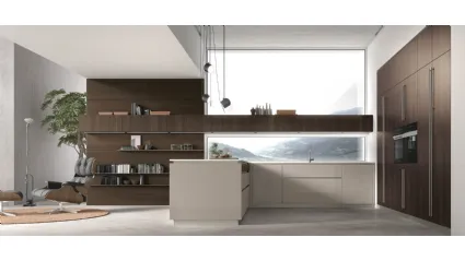 Cucina Moderna con penisola Natural v02 in laccato lucido e Rovere termocotto di Stosa