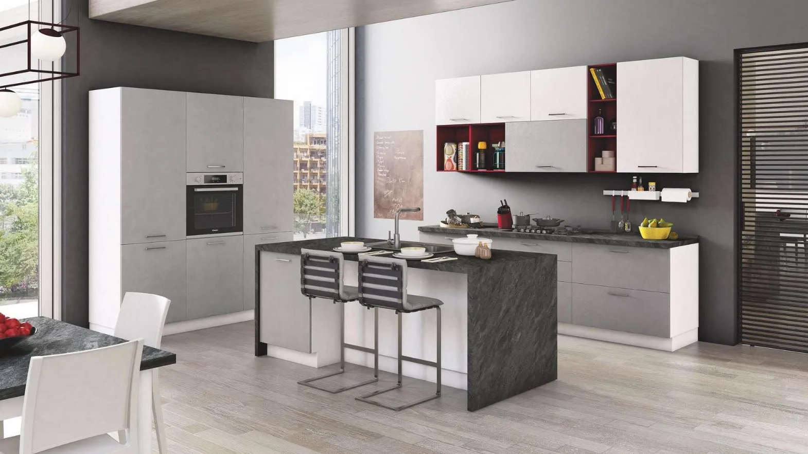 Cucina Moderna New Smart Cemento Grigio e Bianco di Net Cucine