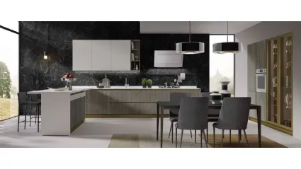 Cucina Moderna con penisola Nevada in melaminico Grigio Anticato e Pet finitura Seta Bianco opaco di Mobilturi