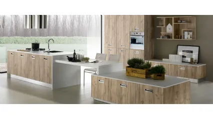 Cucina Moderna con isola Nevada in melaminico Rovere Grigio e laminato Bianco Pietra di Mobilturi