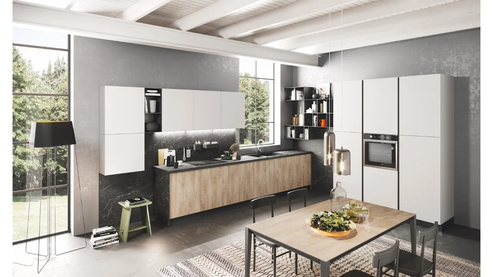 Cucina Moderna Oceano Quercia Beige e Bianco Opaco di Mobilturi