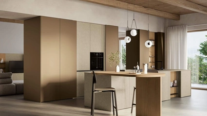 Cucina Moderna con penisola Domino Composizione 01 in laccato caramello di Prima Cucine