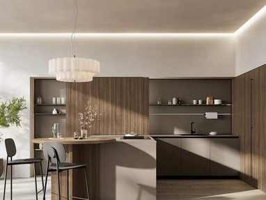Cucina Moderna con penisola Domino Composizione 08 in melaminico metallico polvere argilla e melaminico noce Canaletto di Prima Cucine