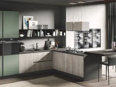 Cucina Moderna con penisola Star finitura Corda Tavolato e polimerico Verde Muschio di Mobilturi