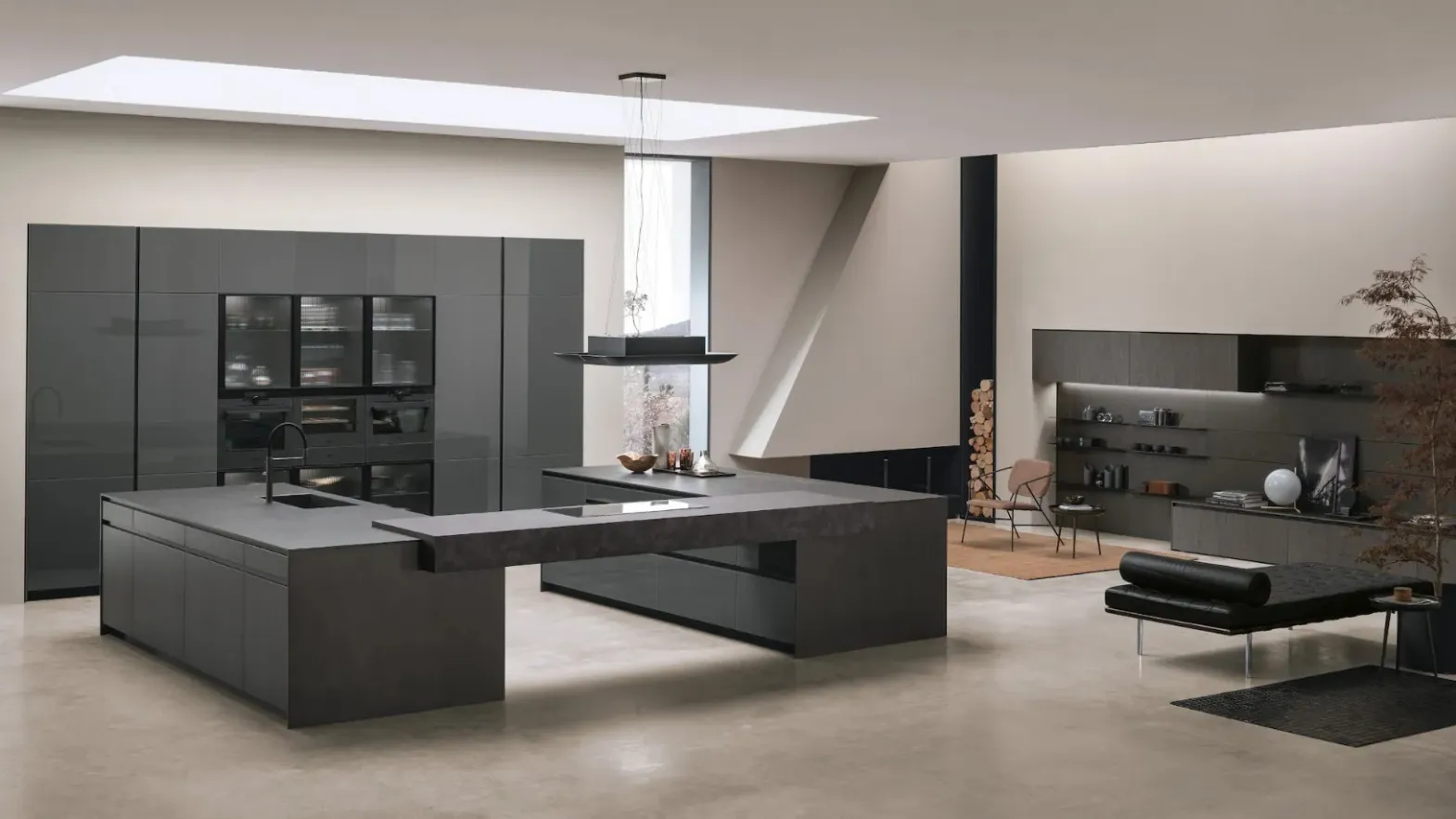 Cucina Moderna con doppia isola Aliant v01 in vetro lucido Lava e Neolith Basalt Black Satin con top in HPL Ossido di Stosa