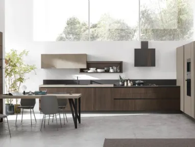 Cucina Moderna ad angolo Infinity v01 in Termo Strutturato Rovere Cumino e Graniglia di Stosa