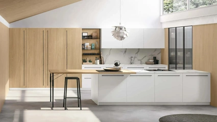 Cucina Moderna con penisola Metropolis 06 in Pet Bianco e Rovere Sole di Stosa