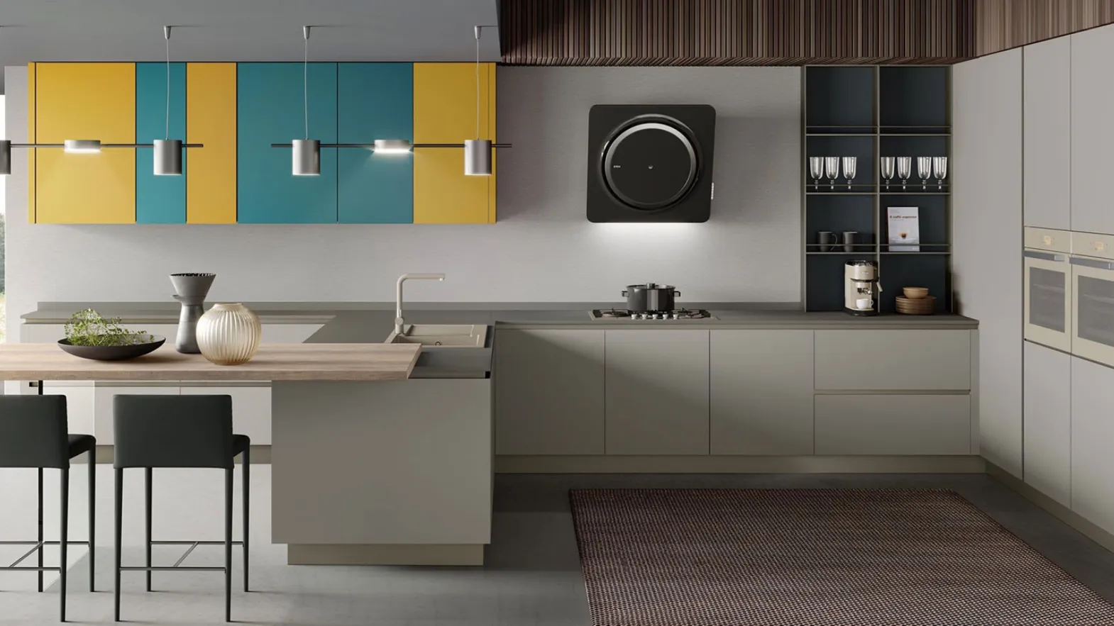 Cucina Moderna Stratos Glass Tortora Opaco Blu Oceano e Senape Opaco di Mobilturi