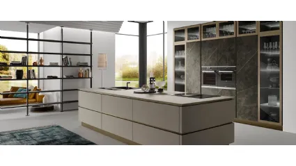 Cucina Moderna con isola Stratos in gres light grey e gres calcite nera di Mobilturi