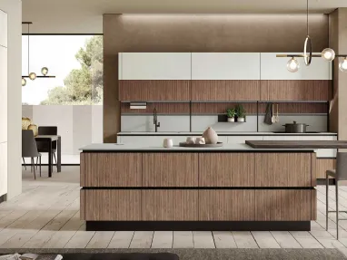 Cucina Moderna con isola Stratos in HPL cannettato noce chiaro e gres fokos sale di Mobilturi