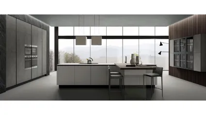 Cucina Moderna con penisola Stratos HPL Grigio Cemento e HPL Gesso di Mobilturi