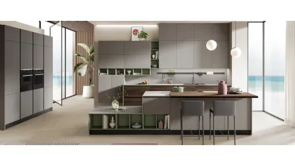 Cucina Moderna con isola Zante finitura rovere sigaro e matt visone di Mobilturi