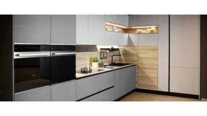 Cucina Moderna lineare Zante finitura stone ardesia, matt argento e rovere sabbia di Mobilturi