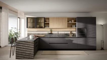 Cucina Moderna con penisola Zoe Composizione 02 in pet e melaminico rovere di Prima Cucine